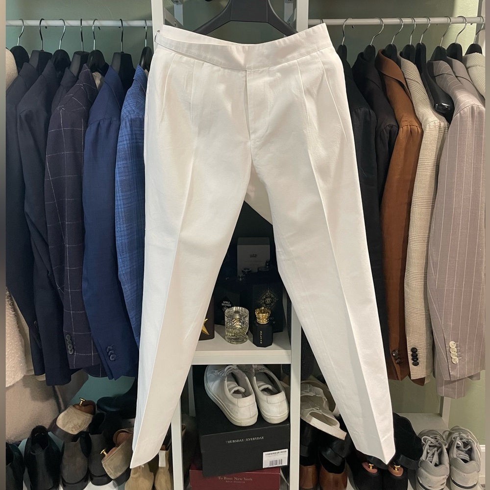 SUITSUPPLY Felini Gurkha Double Pleated White Trousers 32x 29 Cotton Tessuti